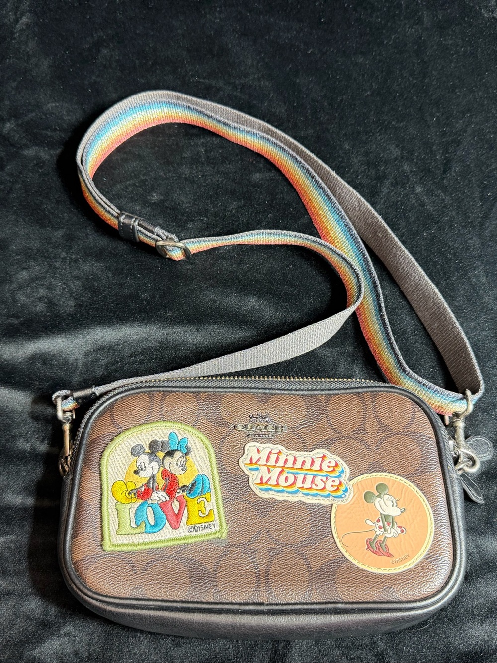 Coach Brown Signature Crossbody with Rainbow Strap and Character Patches